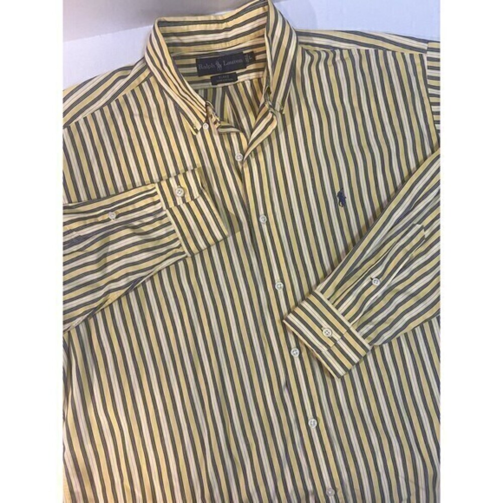 Ralph Lauren Mens Sz‎ Large Blue, Yellow, and White Striped Sleeve Dress Shirt